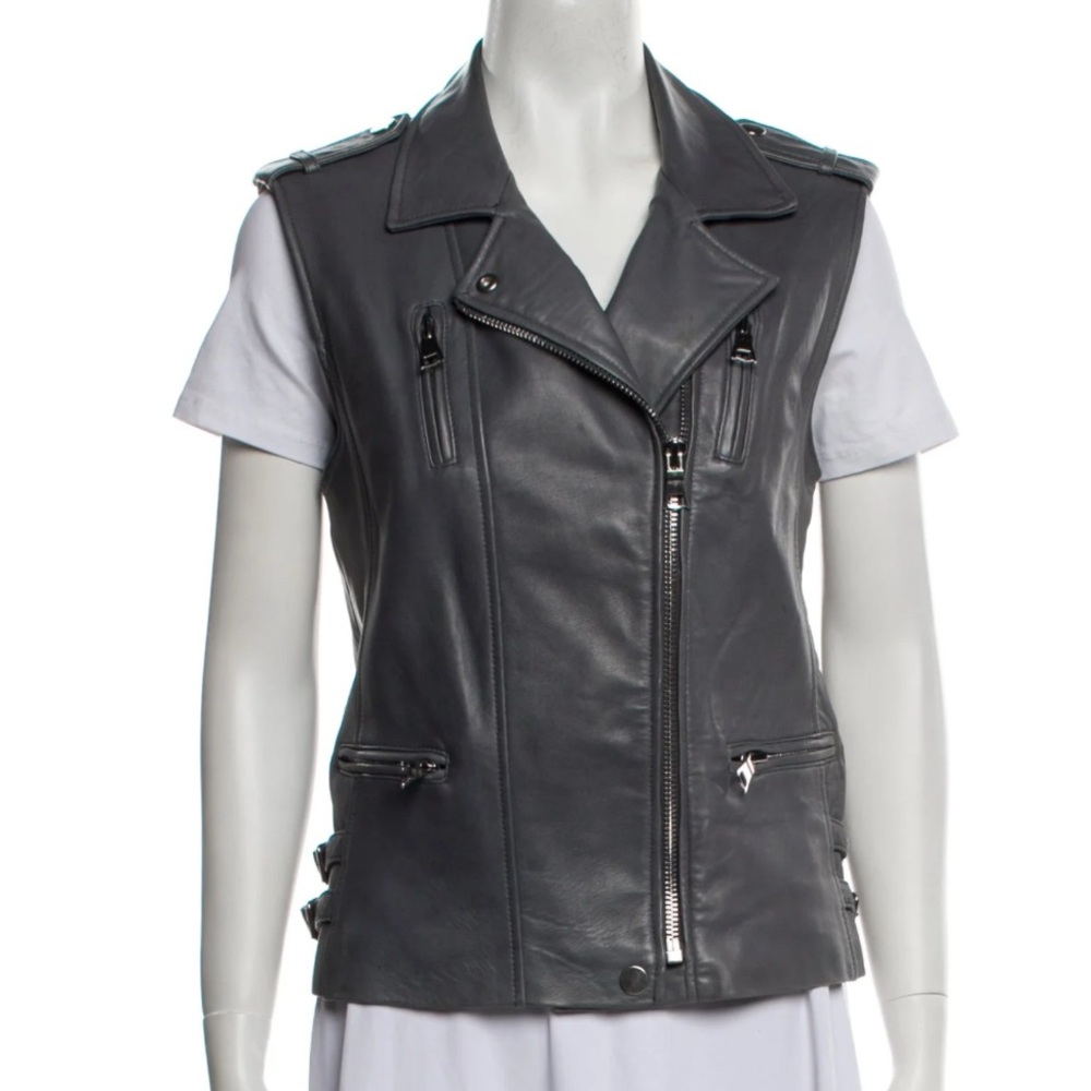 Rebecca Taylor Lamb Leather Motorcycle Biker Zip-Up Grey Vest EUC Size Small